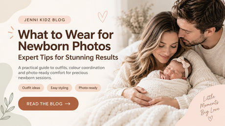 Parents cradling a newborn in a cream wrap, beside a guide to choosing outfits for newborn photos.
