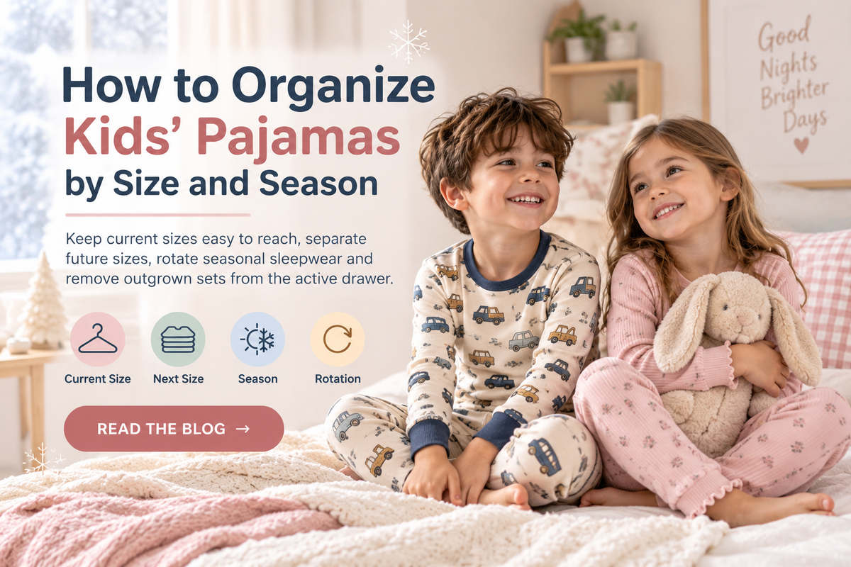 Kids pajama organization guide by size and season with children in cozy sleepwear