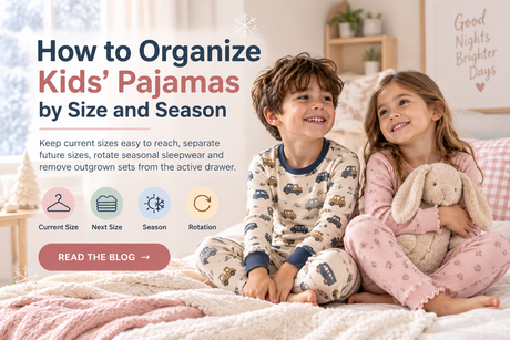 Kids pajama organization guide by size and season with children in cozy sleepwear