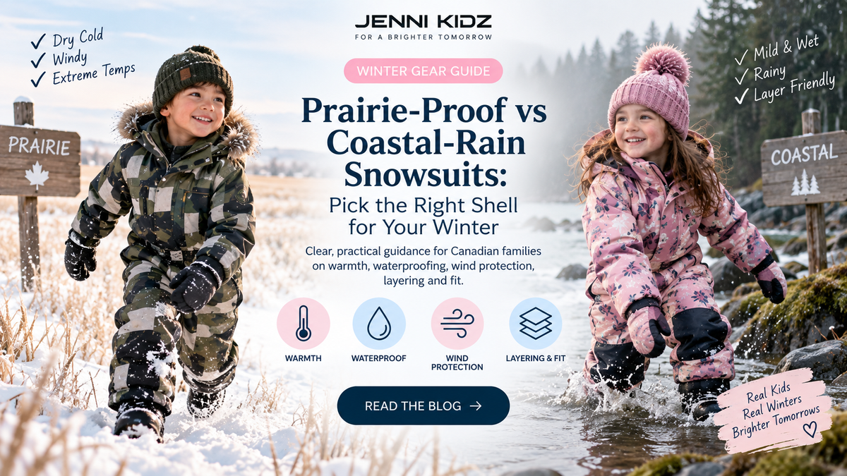Prairie versus coastal winter snowsuits comparing dry cold and wet rainy conditions for Canadian kids