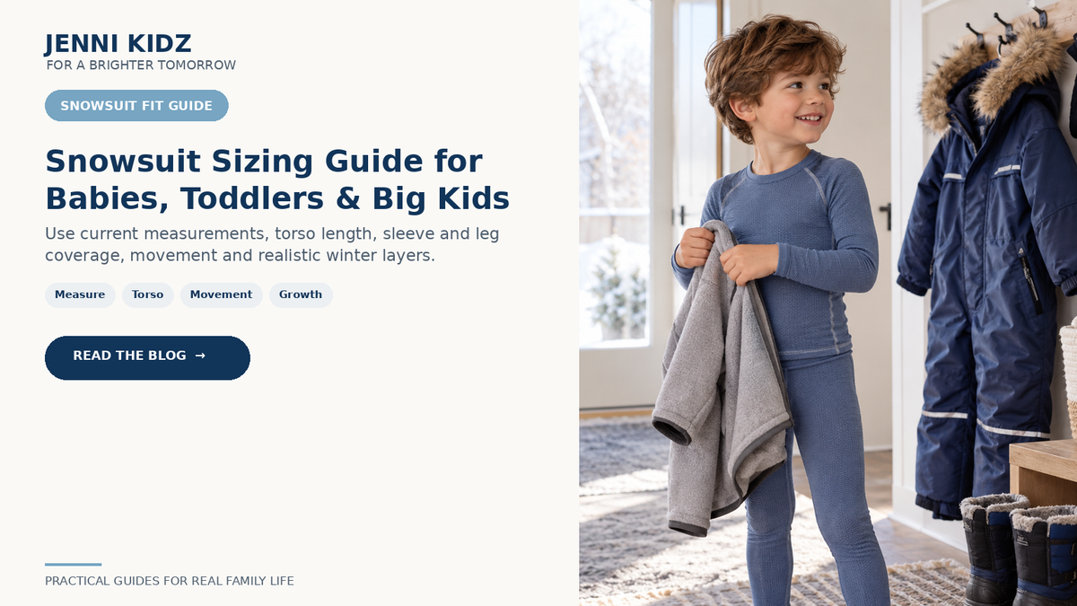 Snowsuit sizing guide for babies toddlers and big kids using measurements movement and winter layers