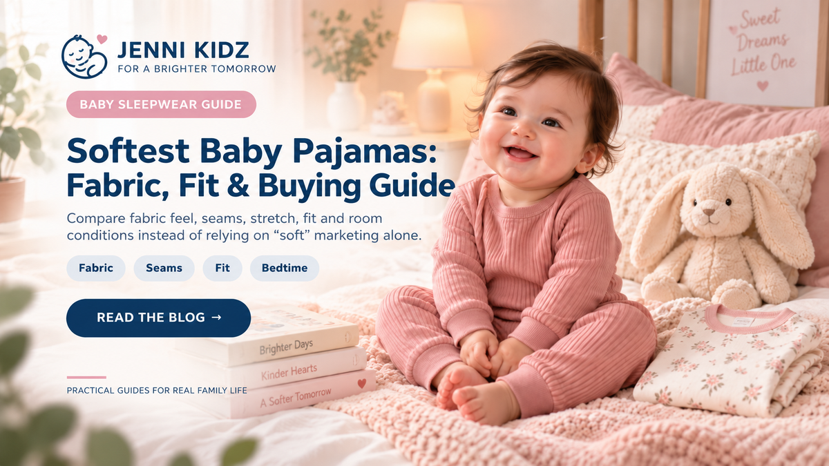 Jenni Kidz baby pajama buying guide banner featuring a smiling baby in pink ribbed pajamas beside a plush bunny.
