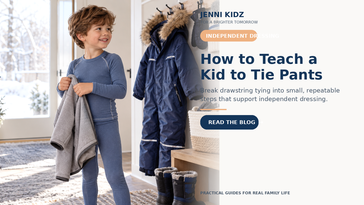 Child practicing independent dressing for a guide to tying drawstring pants
