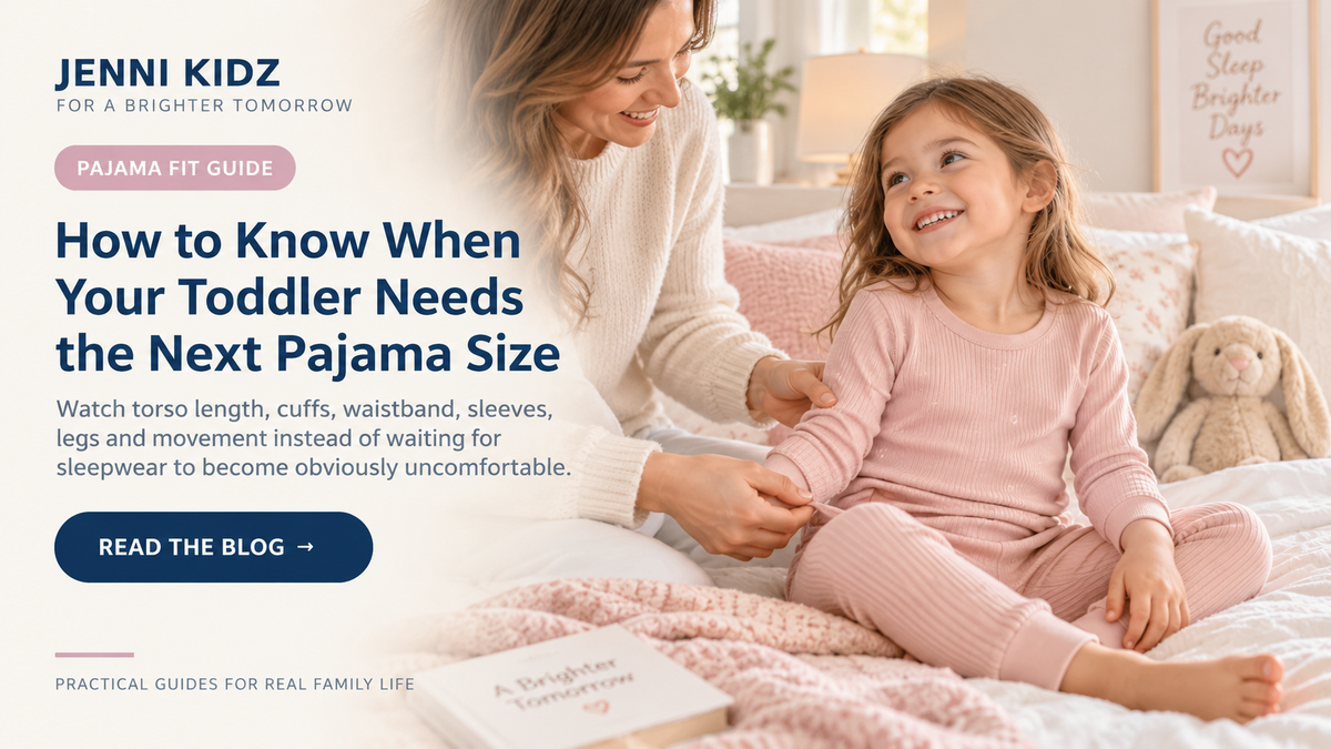 Mother checking her toddler's pajama sleeve fit in a cozy bedroom, with a guide to choosing the next pajama size.