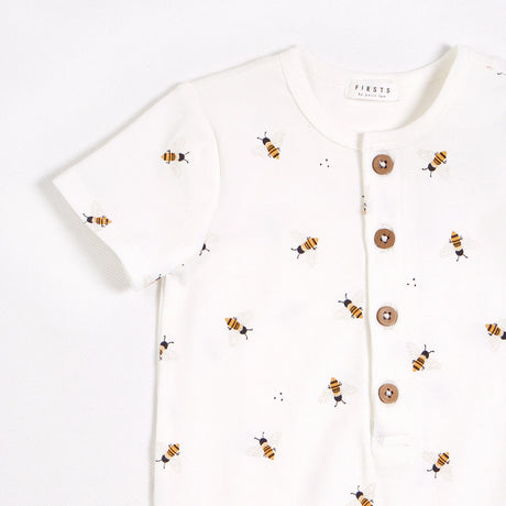 Bees Print on Henley Jersey Romper | Petit Lem - Jenni Kidz