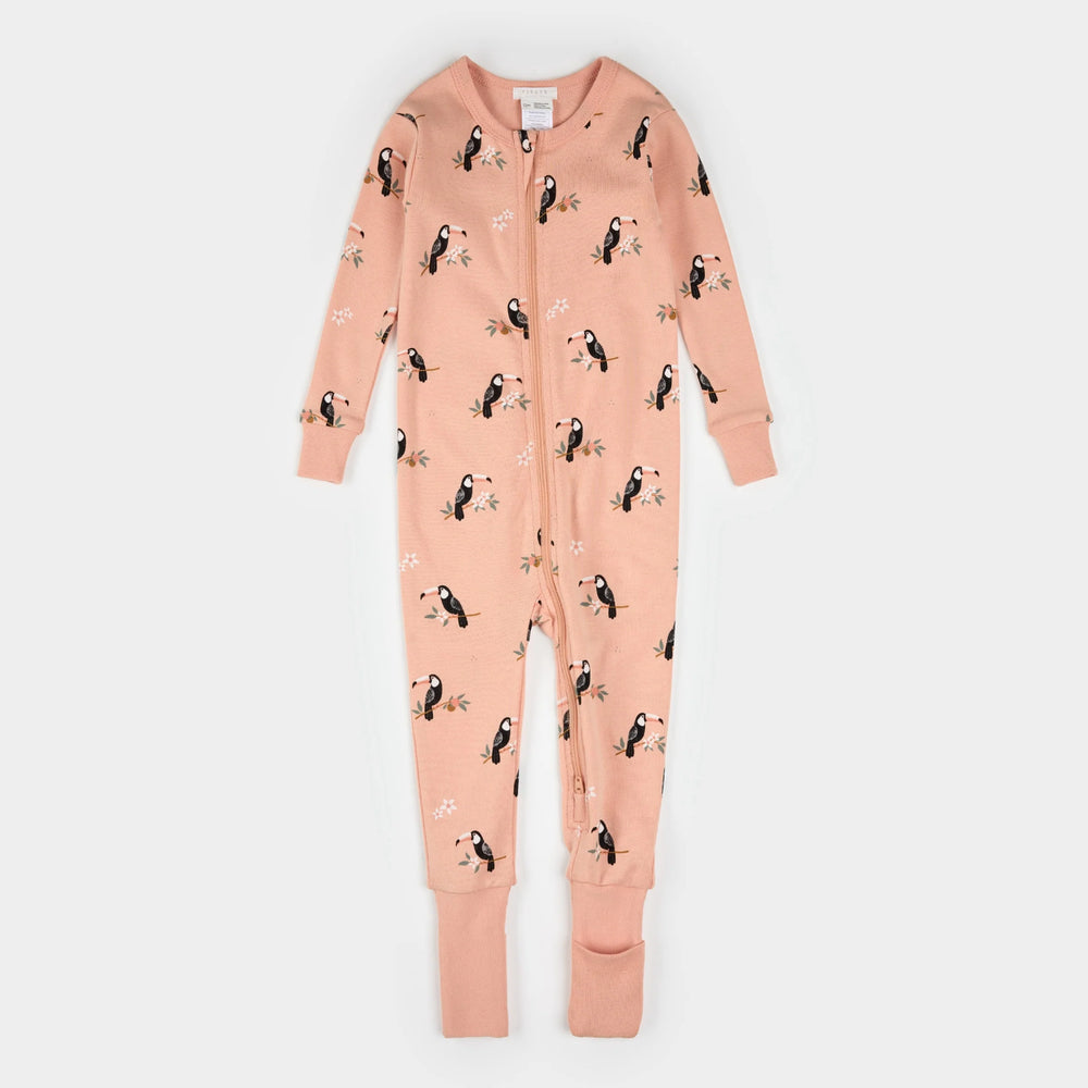 Petit Lem baby toucan print convertible sleeper papaya pink organic cotton