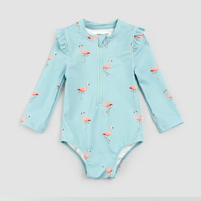 Miles The Label baby girls and girls Canal Blue flamingo long-sleeve swimsuit with UPF 50+ and front zip.