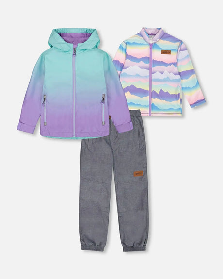 3-In-1 Mid-Season Outerwear Set Turquoise And Mauve Gradient | Deux par Deux | Jenni Kidz