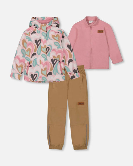 3-In-1 Mid-Season Outerwear Set With Printed Jacket Light Pink And Beige Pant | Deux par Deux | Jenni Kidz