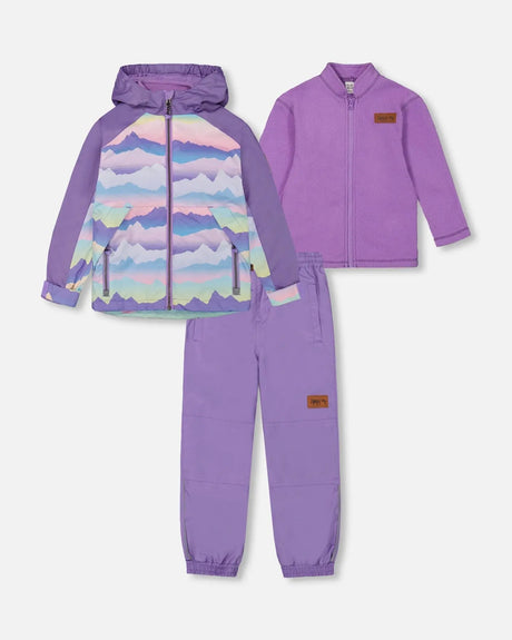 3-In-1 Mid-Season Outerwear Set With Printed Jacket Mauve And Blue, Pink Mountain | Deux par Deux | Jenni Kidz