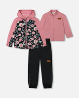 3-In-1 Mid-Season Outerwear Set With Printed Jacket Pink, Black, And Flowers | Deux par Deux | Jenni Kidz