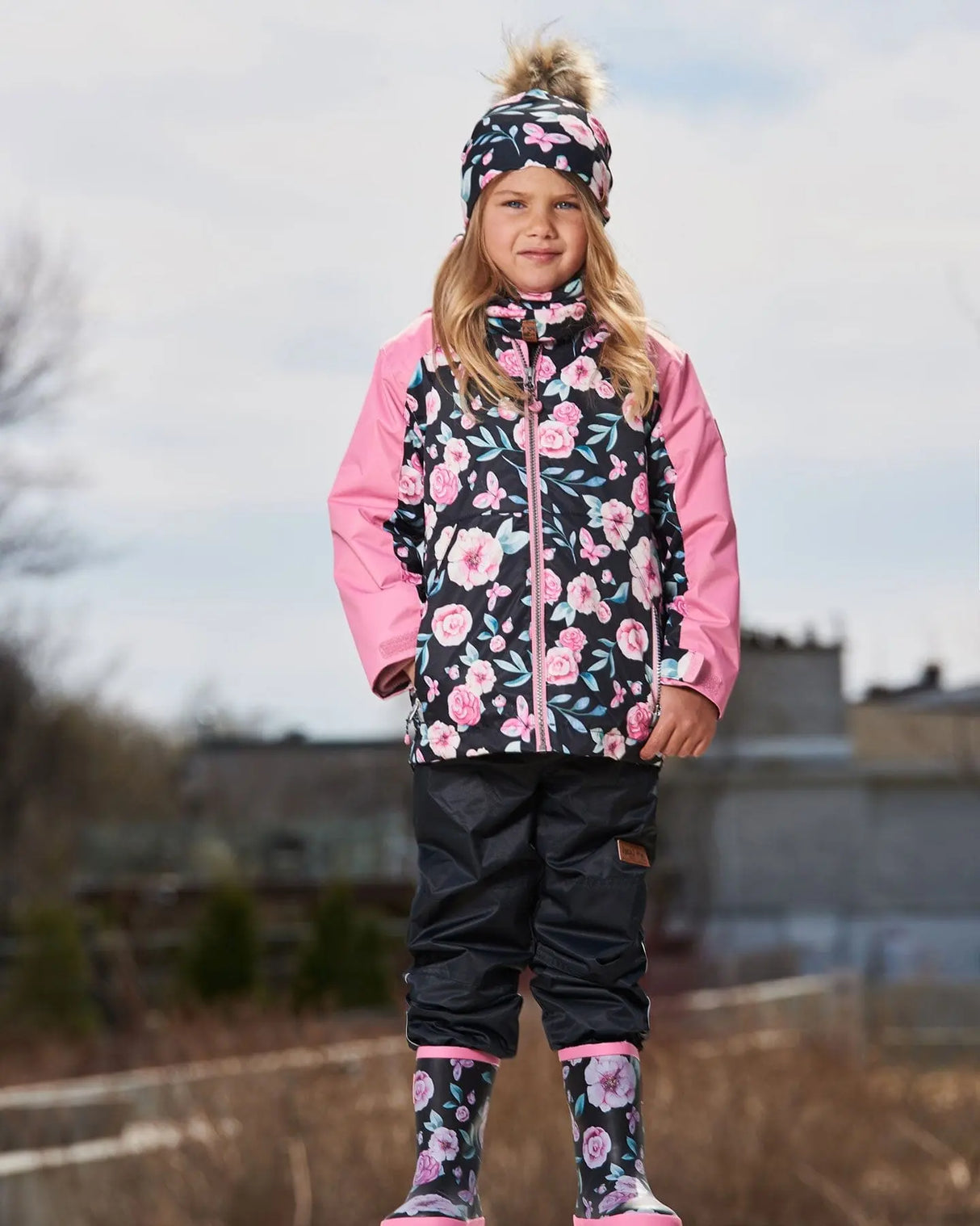 3-In-1 Mid-Season Outerwear Set With Printed Jacket Pink, Black, And Flowers | Deux par Deux | Jenni Kidz