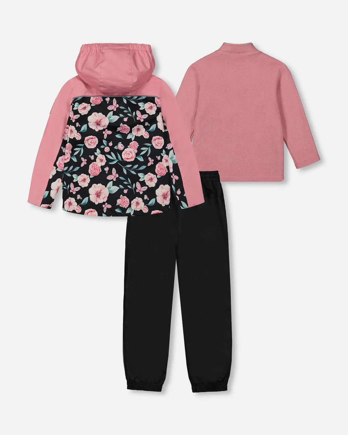 3-In-1 Mid-Season Outerwear Set With Printed Jacket Pink, Black, And Flowers | Deux par Deux | Jenni Kidz