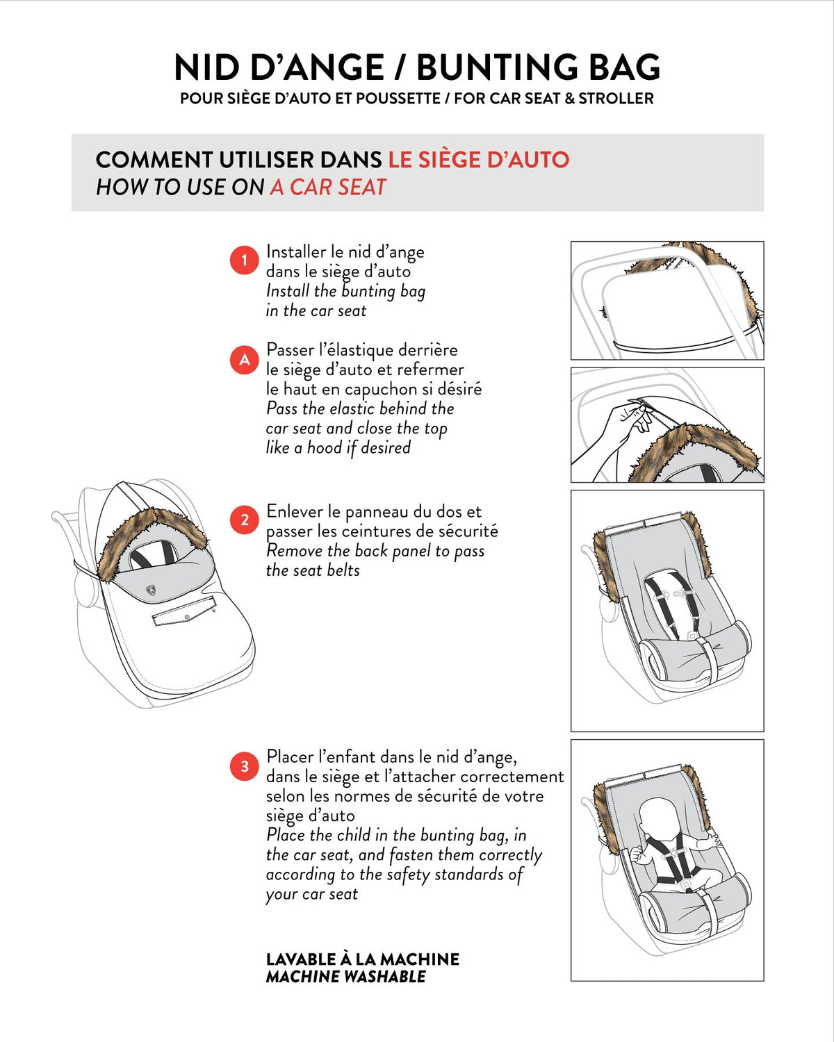 Instruction diagram: installing the pink animal print Deux par Deux bunting bag in an infant car seat