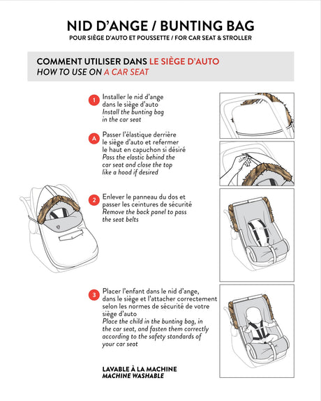 Instruction diagram: installing the pink animal print Deux par Deux bunting bag in an infant car seat