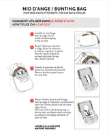 How to use the beige Deux par Deux bunting bag in an infant car seat, step-by-step diagram