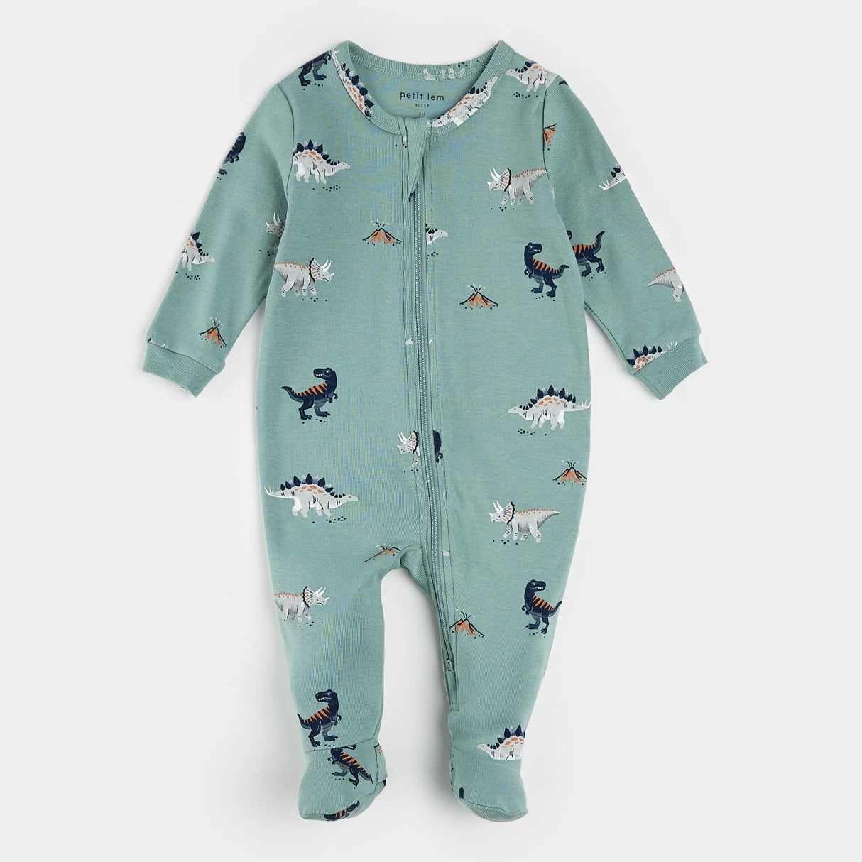 Alternate view of dinosaur print organic cotton baby footed sleeper tidal wave green