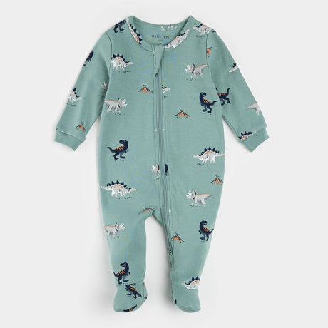 Alternate view of dinosaur print organic cotton baby footed sleeper tidal wave green