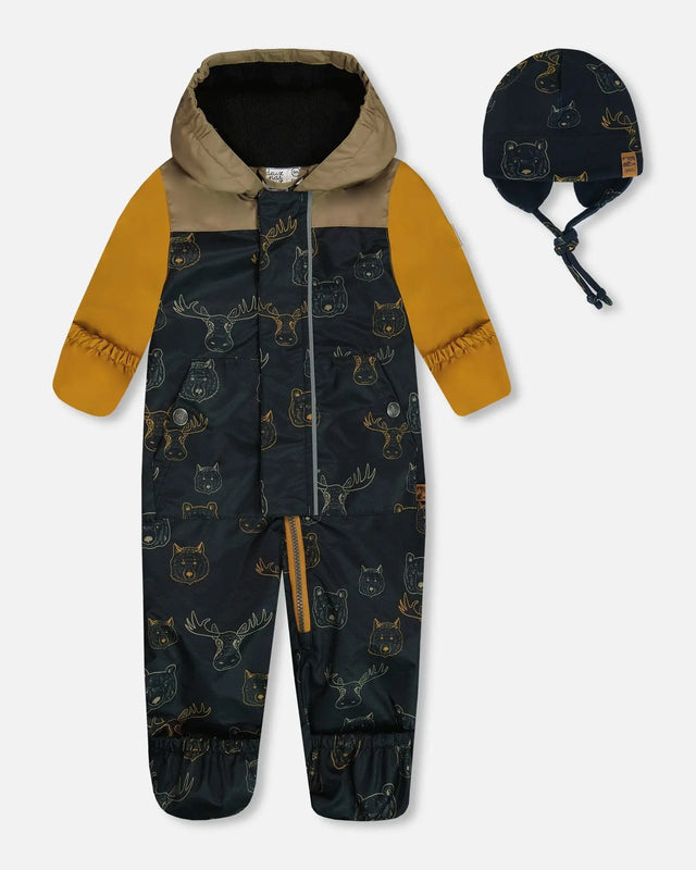 Baby Printed Mid-Season One-Piece Outerwear With Hat Beige Animals On Black Background | Deux par Deux | Jenni Kidz