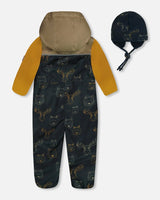 Baby Printed Mid-Season One-Piece Outerwear With Hat Beige Animals On Black Background | Deux par Deux | Jenni Kidz