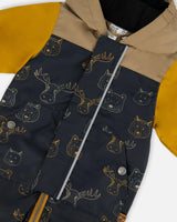 Baby Printed Mid-Season One-Piece Outerwear With Hat Beige Animals On Black Background | Deux par Deux | Jenni Kidz