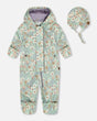 Baby Printed Mid-Season One-Piece Outerwear With Hat Small White Flowers On Turquoise And Lilac | Deux par Deux | Jenni Kidz