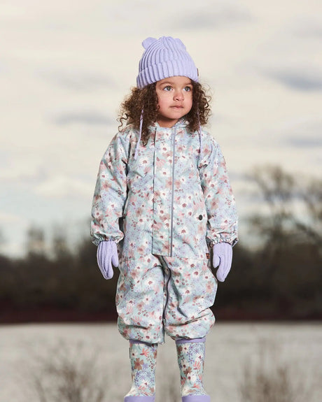 Baby Printed Mid-Season One-Piece Outerwear With Hat Small White Flowers On Turquoise And Lilac | Deux par Deux | Jenni Kidz