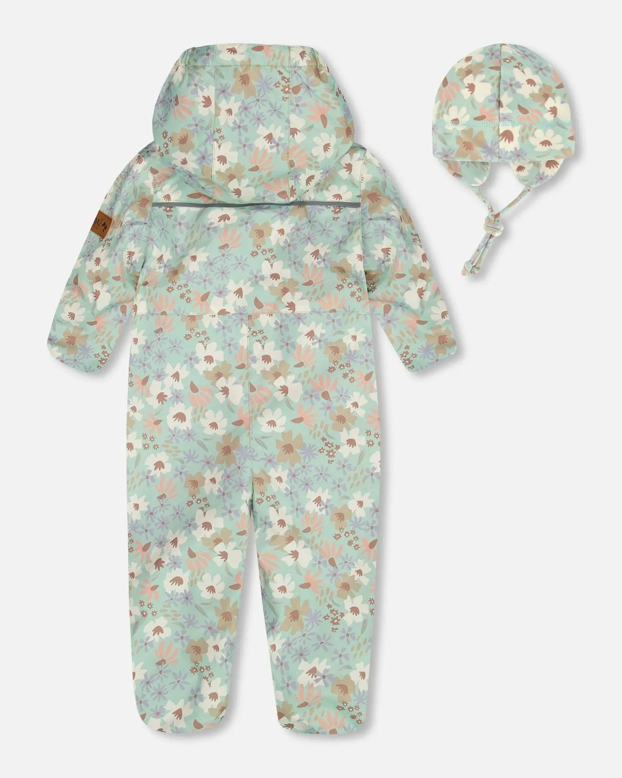 Baby Printed Mid-Season One-Piece Outerwear With Hat Small White Flowers On Turquoise And Lilac | Deux par Deux | Jenni Kidz