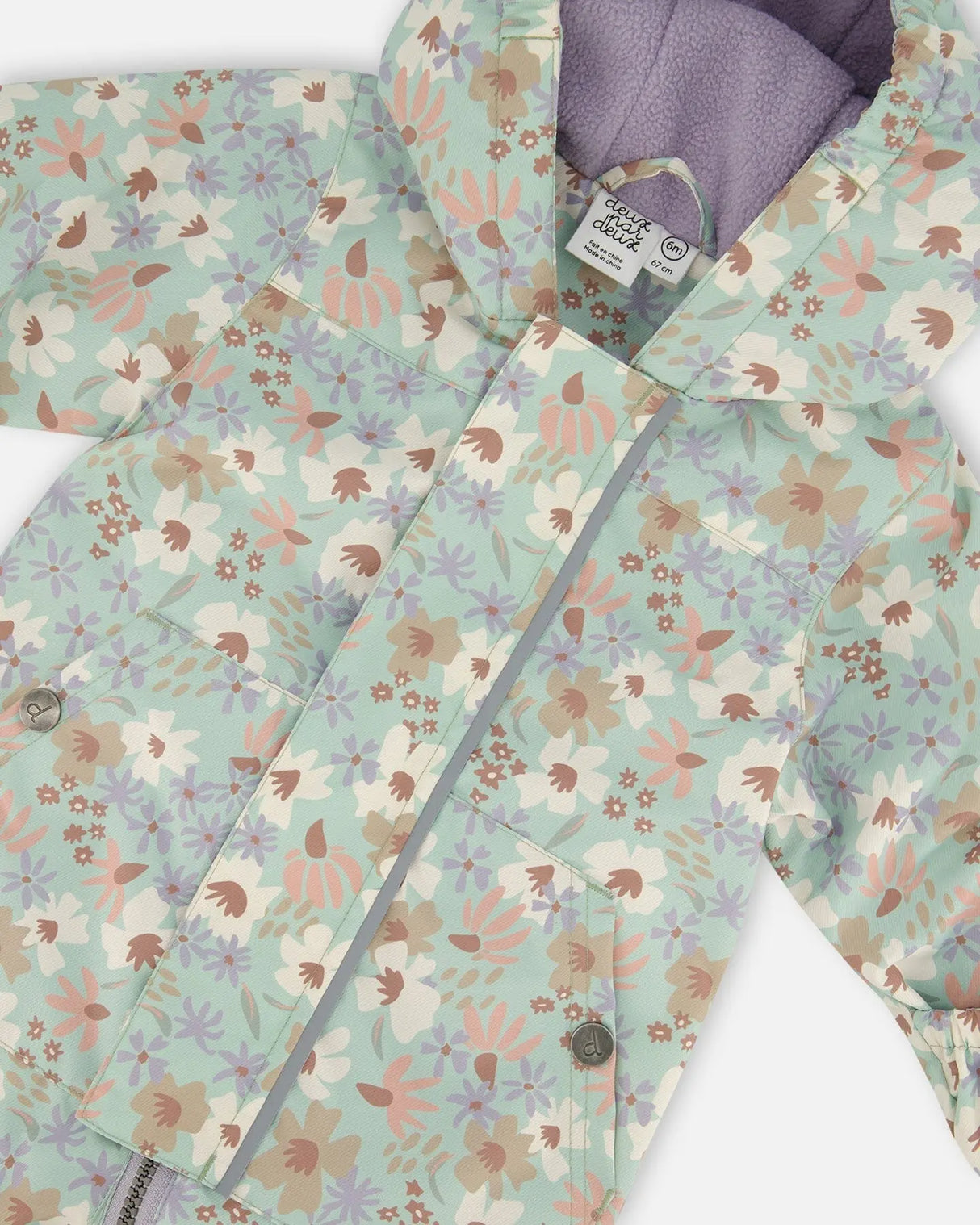 Baby Printed Mid-Season One-Piece Outerwear With Hat Small White Flowers On Turquoise And Lilac | Deux par Deux | Jenni Kidz