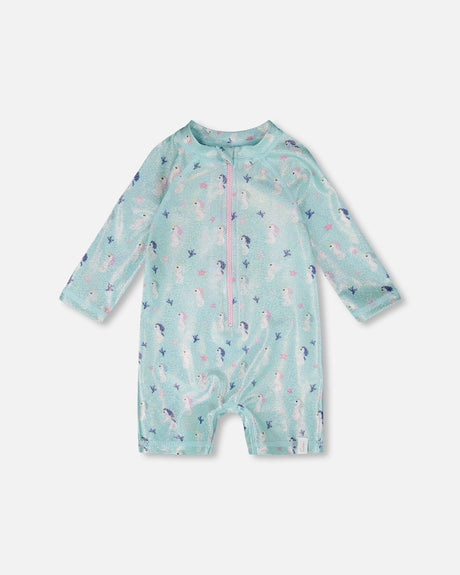 Front flat lay of Deux par Deux baby girl long sleeve one-piece swimsuit in blue seahorse print