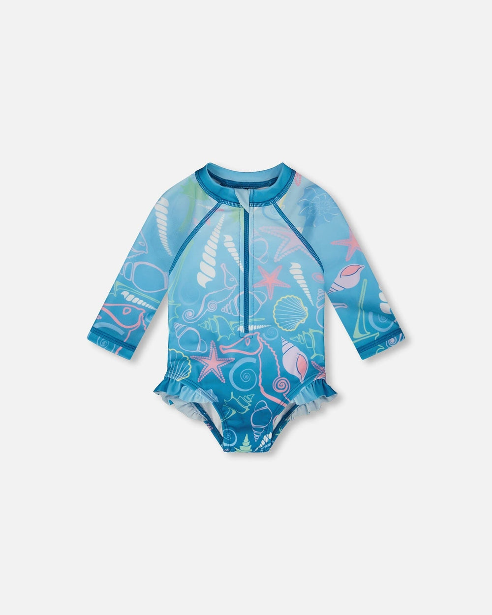 Front flat lay of Deux par Deux baby girl long sleeve rashguard one-piece in blue shell print