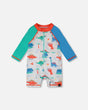 Front flat lay of Deux par Deux baby boy one-piece rashguard in grey baby dinosaur print