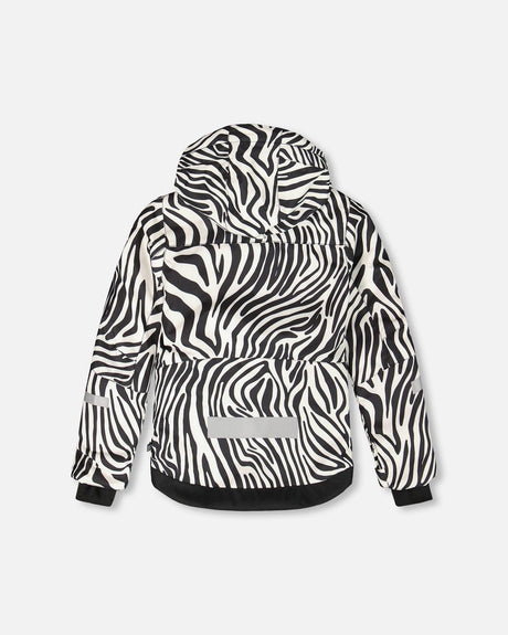 Back view of Deux par Deux zebra print TEKNIK snowsuit jacket with hood