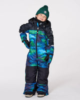 Back view of child in one-piece Teknik snowsuit showing adjustable pant hems