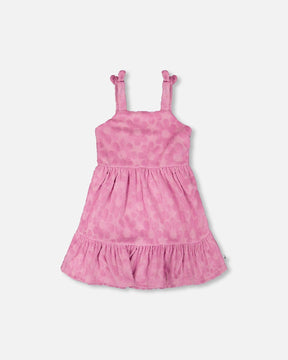 Front flat lay of pink Deux par Deux girl beach cover-up dress with tiered skirt