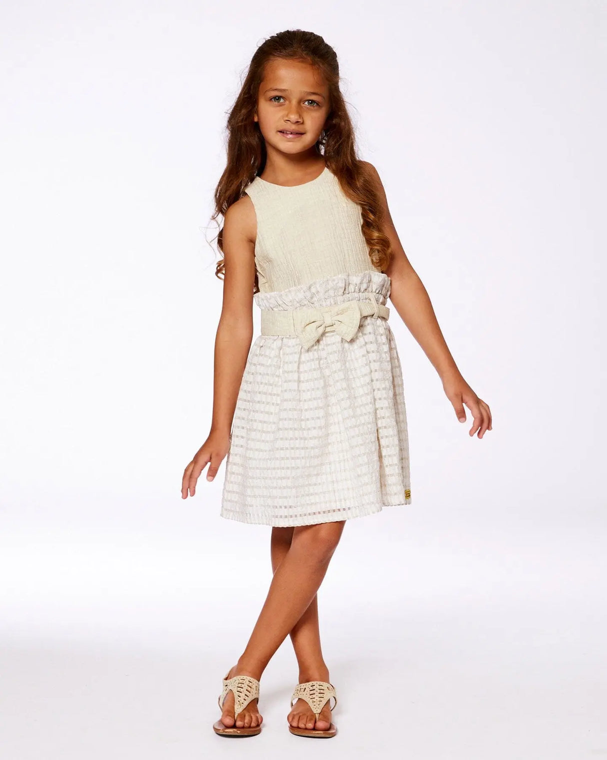 Bi-Material Belted Dress Beiges | Deux par Deux | Jenni Kidz