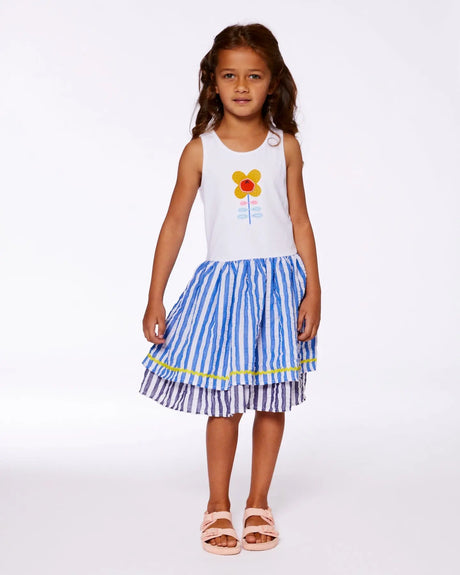 Bi-Material Cotton And Seersucker Dress White And Royal Blue | Deux par Deux | Jenni Kidz