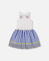 Bi-Material Cotton And Seersucker Dress White And Royal Blue | Deux par Deux | Jenni Kidz