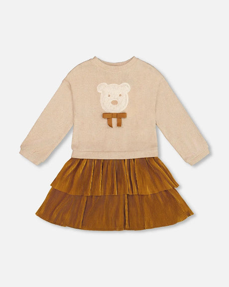 Bi-Material Dress Caramel Brown With Layered Skirt | Deux par Deux | Jenni Kidz