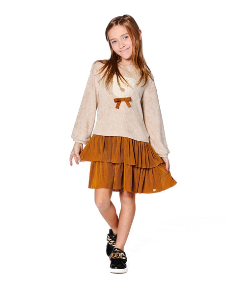 Bi-Material Dress Caramel Brown With Layered Skirt | Deux par Deux | Jenni Kidz