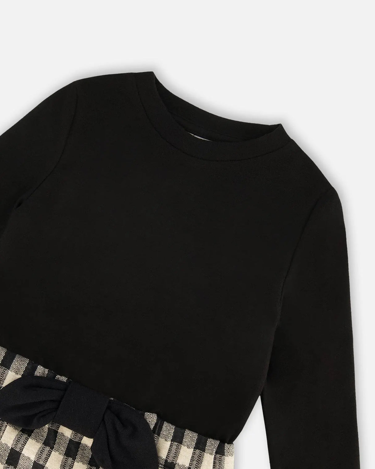 Bi-Material Dress With Bow Plaid Black And Beige | Deux par Deux | Jenni Kidz