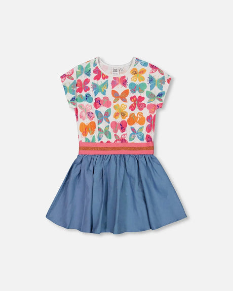 Bi-Material Dress With Chambray Skirt And White Printed Butterflies | Deux par Deux | Jenni Kidz