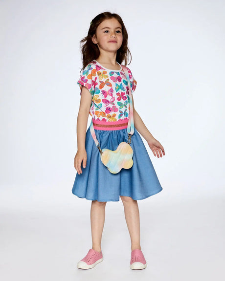 Bi-Material Dress With Chambray Skirt And White Printed Butterflies | Deux par Deux | Jenni Kidz