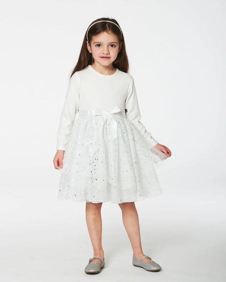 Bi-Material Dress With Glittering Tulle Skirt Off White | Deux par Deux | Jenni Kidz