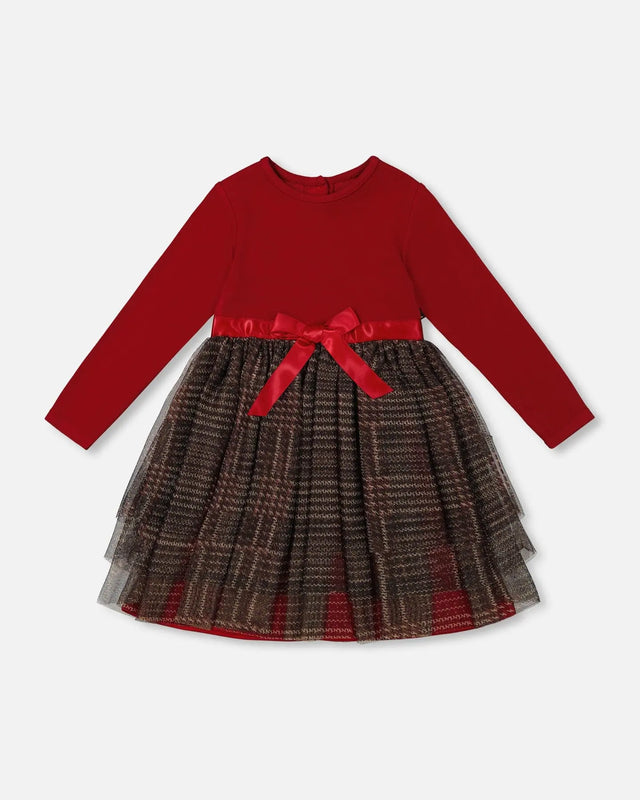 Bi-Material Dress With Glittering Tulle Skirt Red Plaid | Deux par Deux | Jenni Kidz