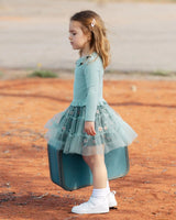 Bi-Material Dress With Mesh Skirt Teal Printed Flowers | Deux par Deux | Jenni Kidz