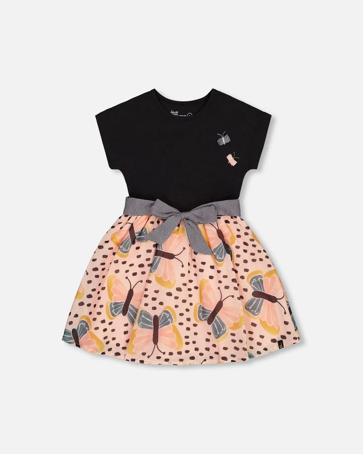 Bi-Material Dress With Printed Skirt Black, Pink, And Butterflies | Deux par Deux | Jenni Kidz