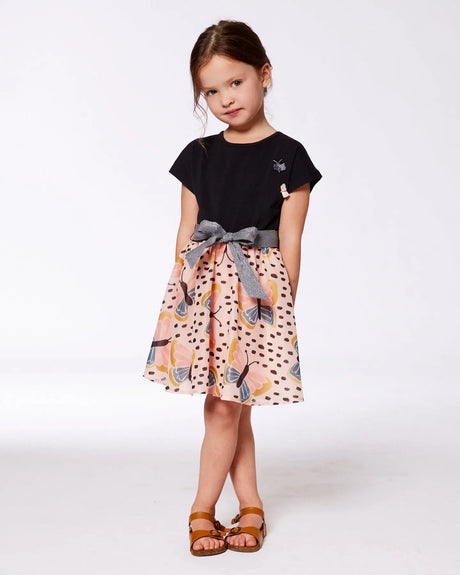 Bi-Material Dress With Printed Skirt Black, Pink, And Butterflies | Deux par Deux | Jenni Kidz