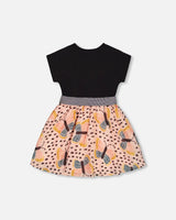 Bi-Material Dress With Printed Skirt Black, Pink, And Butterflies | Deux par Deux | Jenni Kidz