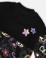 Bi-Material French Terry And Sherpa Tunic With Pocket Black Printed Rainbow Hearts | Deux par Deux | Jenni Kidz